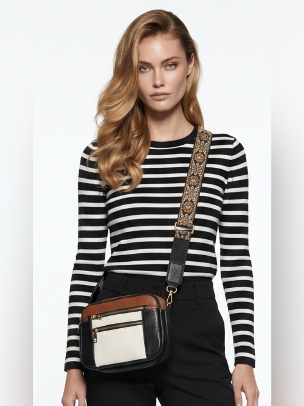 Colorblock Crossbody Bag in Black, White & Brown